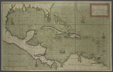 Handelskaart van de West-Indië, 1707 (handgekleurde print)